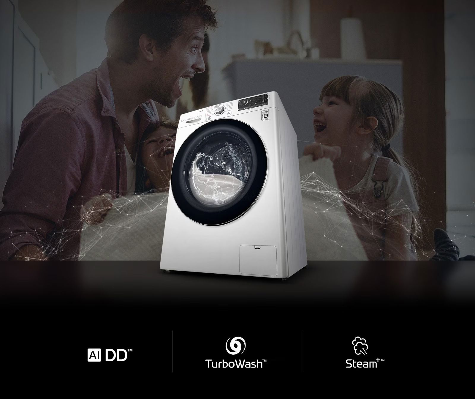 Máy giặt cửa trước LG màu trắng tích hợp công nghệ AI DD, TurboWash và Steam+